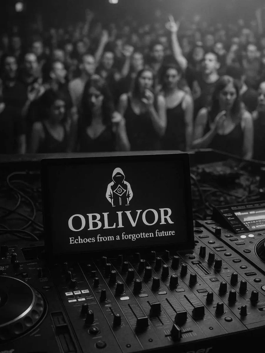 Monochrome close-up of an Oblivor studio mixer